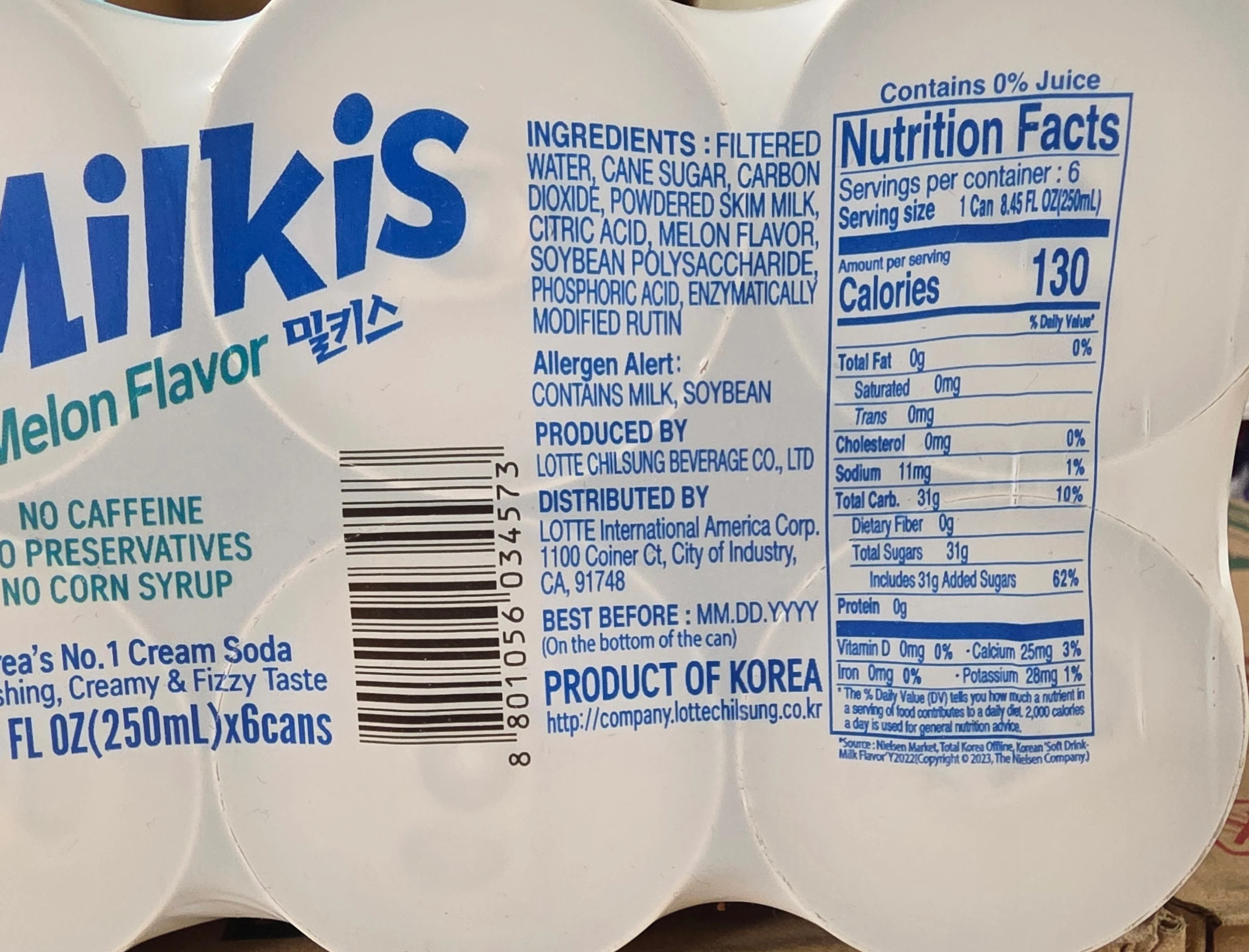 Lotte Milkis Melon Carbonated Drink 8.45 fl oz (250 ml) Pack of 6 - Image 2