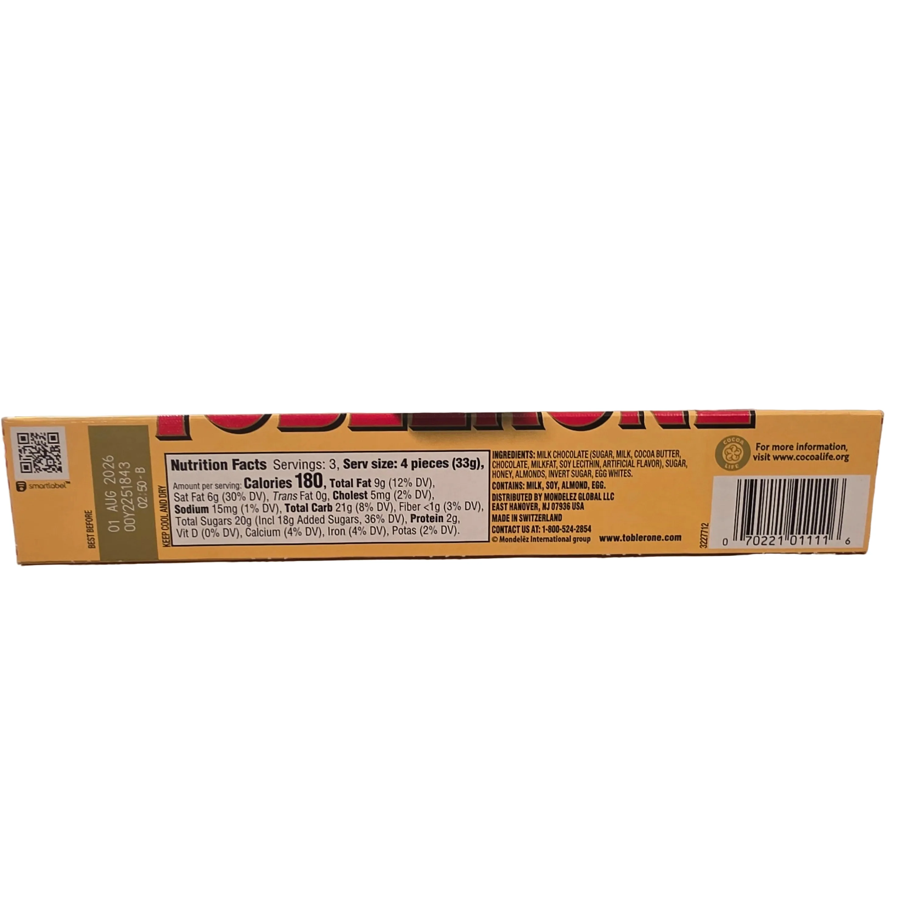 Toblerone Milk Chocolate With Honey & Almond Nougat 3.52oz (100g) - Image 2