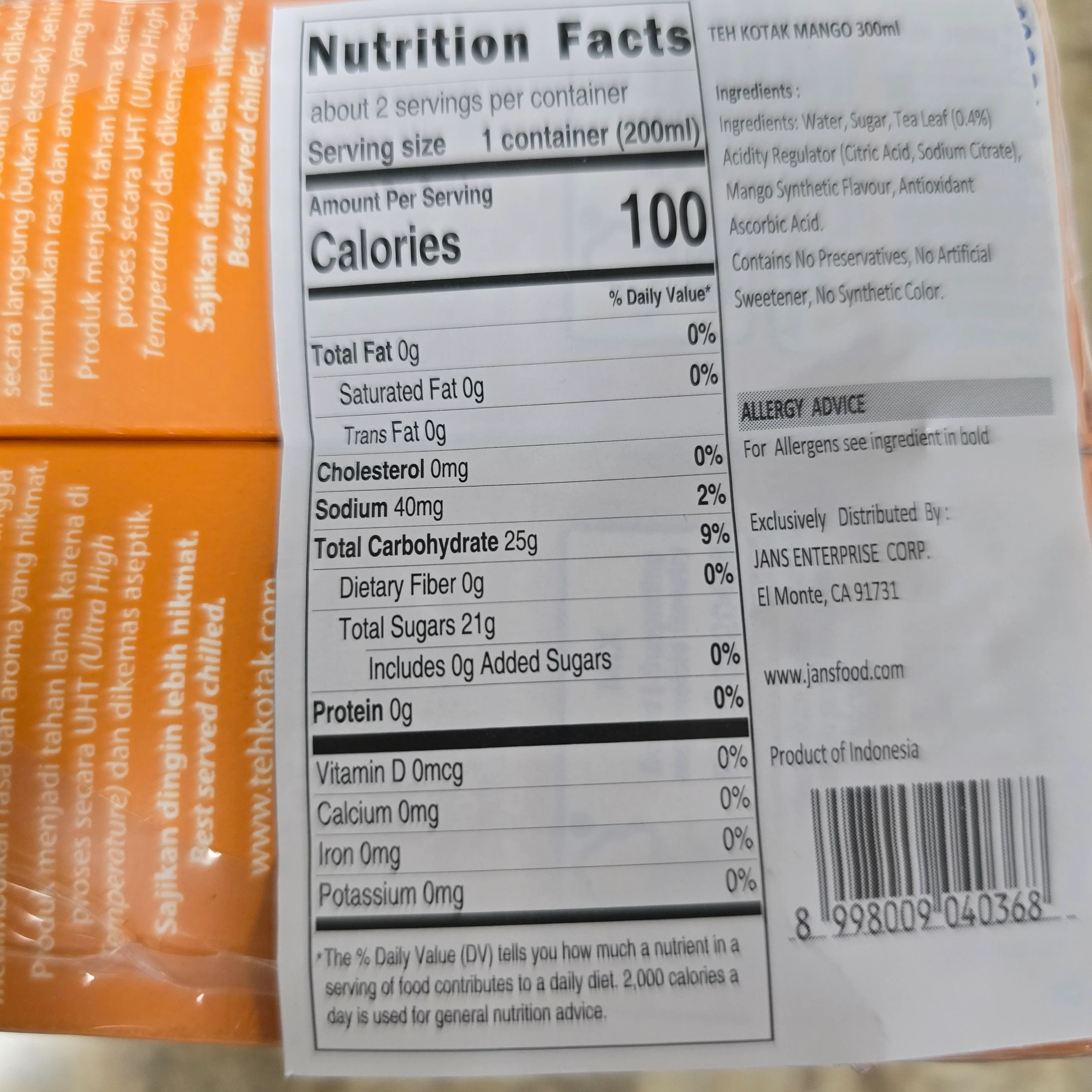 UJ Teh Kotak Mango Flavor  300 ml (6 pack) - Image 2