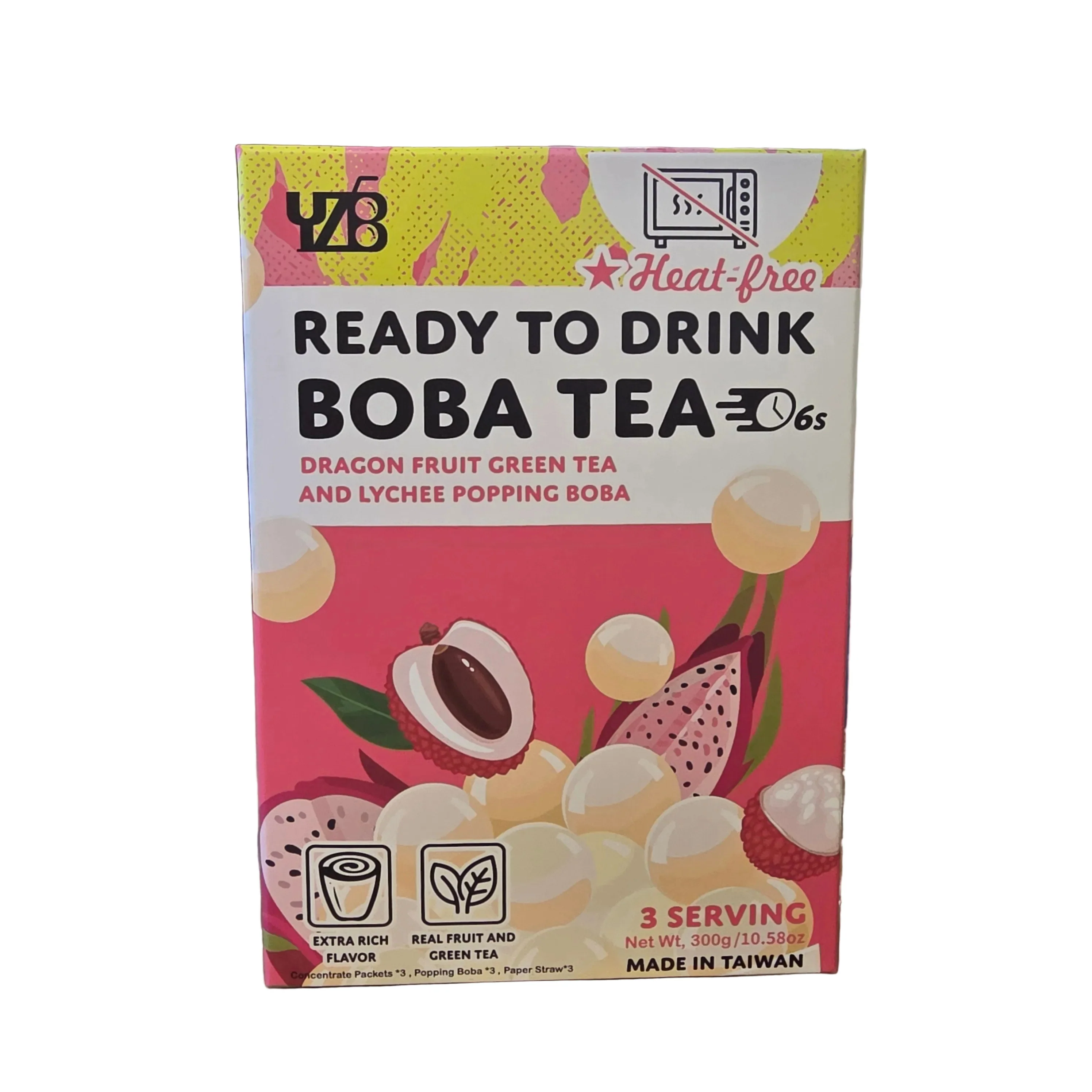 YZB Ready to Drink Boba Tea Dragon Fruit Green Tea and Lychee Popping Boba 3 Servings (300 g)