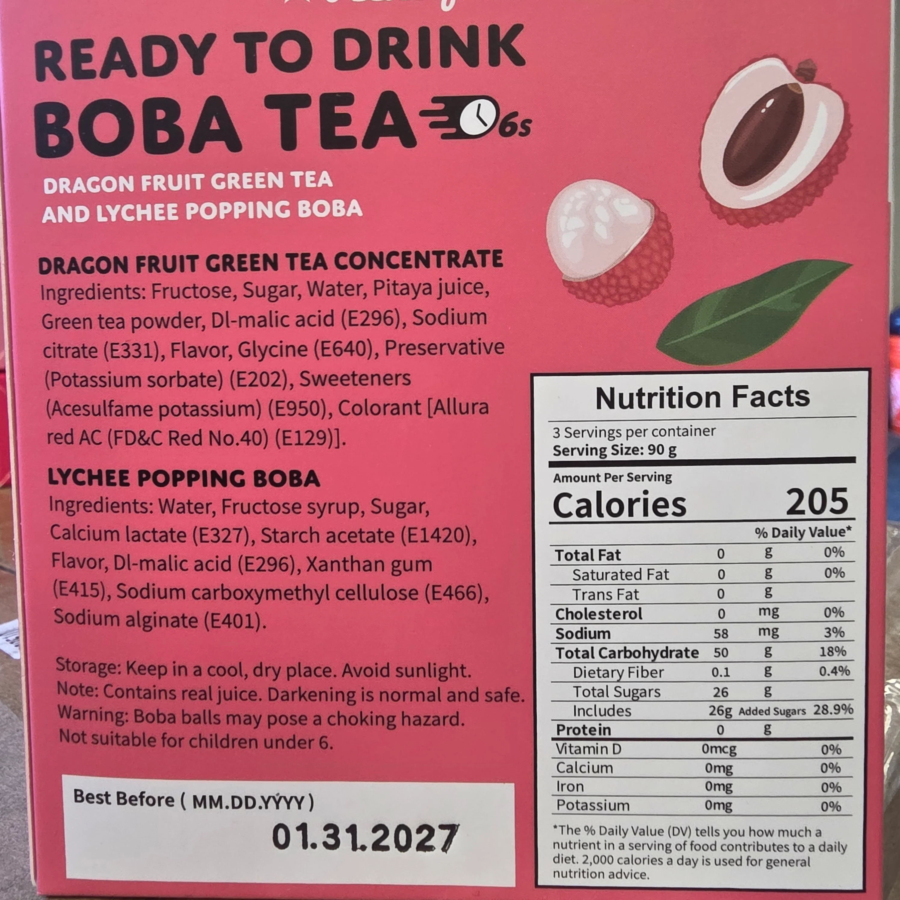 YZB Ready to Drink Boba Tea Dragon Fruit Green Tea and Lychee Popping Boba 3 Servings (300 g) - Image 2